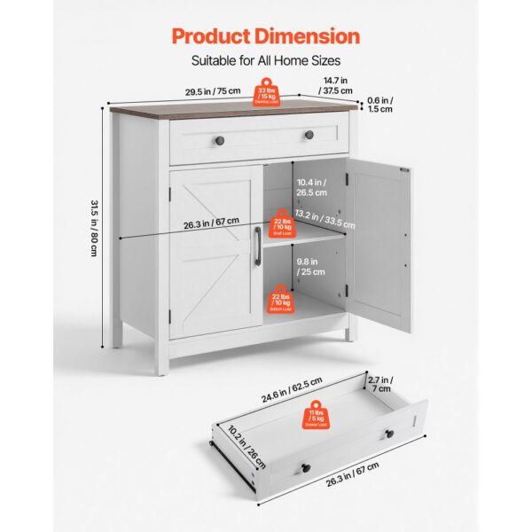VEVOR Sideboard Küchenschrank mit Schubladen, Buffetschrank Landhaus-Stil für Wohnzimmer Eingangsbereich Küche – Bild 3