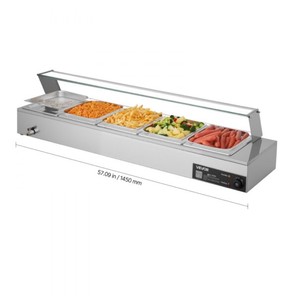 VEVOR kommerzieller Speisenwärmer mit Glasabdeckung & 5 Behälter (1/2-Größe) 1,5 kW Buffetwärmer Edelstahl
