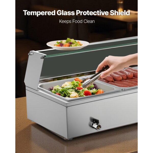 VEVOR kommerzieller Speisenwärmer mit Glasabdeckung & 5 Behälter (1/2-Größe) 1,5 kW Buffetwärmer Edelstahl – Bild 4