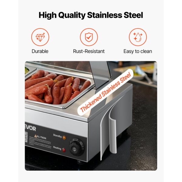 VEVOR kommerzieller Speisenwärmer mit Glasabdeckung & 5 Behälter (1/2-Größe) 1,5 kW Buffetwärmer Edelstahl – Bild 5