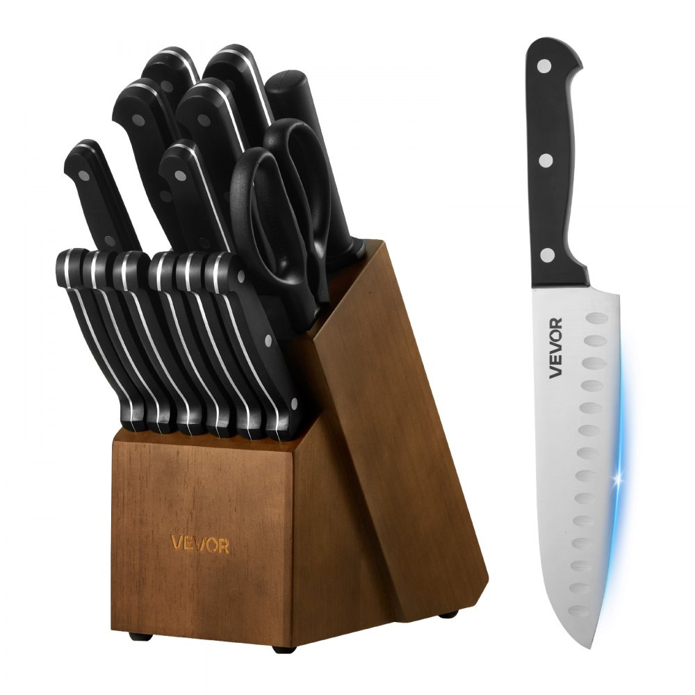 VEVOR Küchenmesserset mit Messerblock (Holz) & Wetzstahl, Küchenbesteck mit ergonomischem ABS Griff