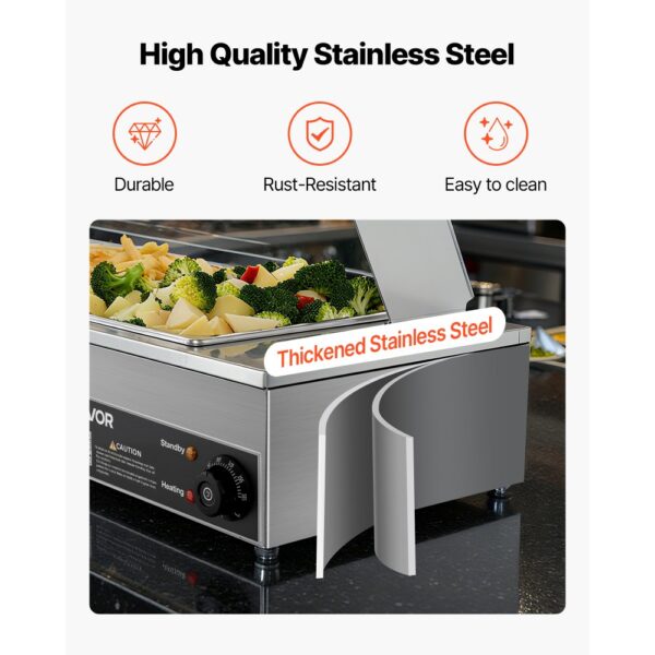 VEVOR kommerzieller Speisenwärmer mit Glasabdeckung & 3 Behälter (1/2-Größe) 1,5 kW Buffetwärmer Edelstahl – Bild 5