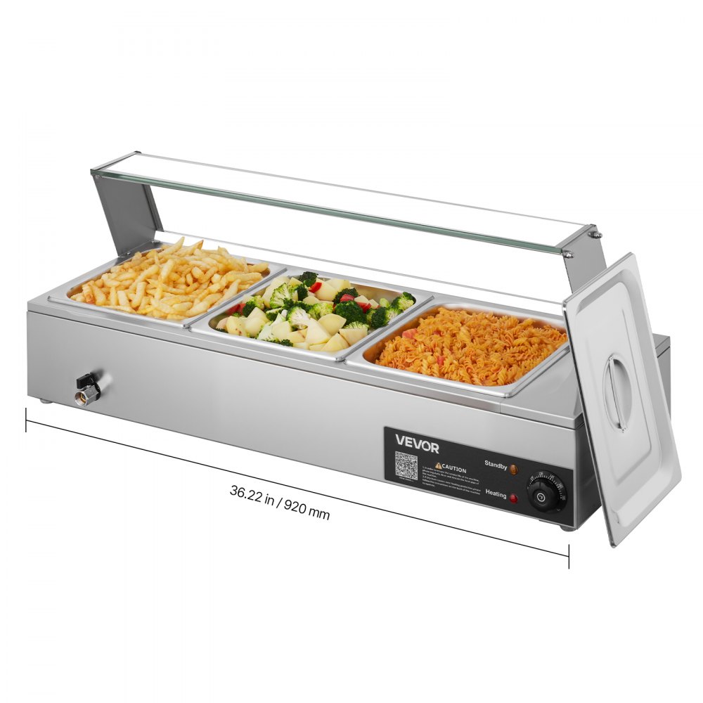 VEVOR kommerzieller Speisenwärmer mit Glasabdeckung & 3 Behälter (1/2-Größe) 1,5 kW Buffetwärmer Edelstahl