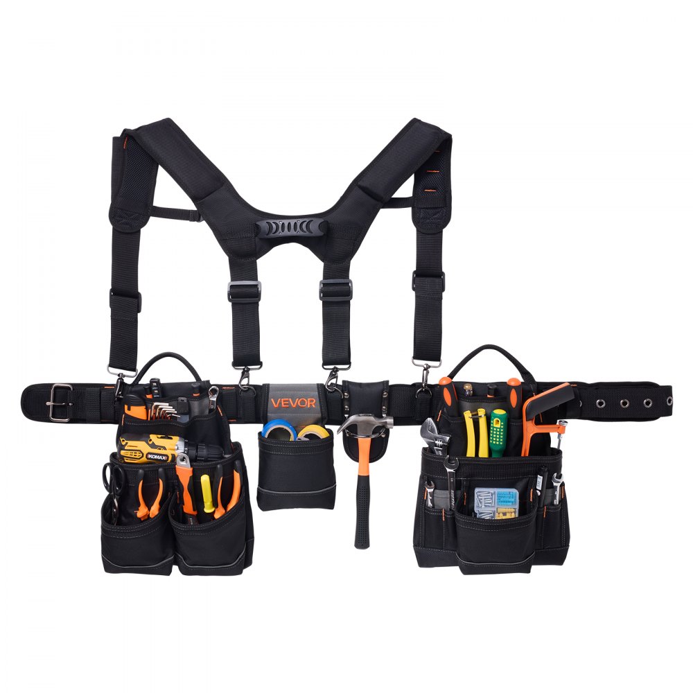 VEVOR Werkzeuggürtel, Handwerkergürtel mit 19 Taschen & Hosenträgern, verstellbar von 800 bis 1310 mm