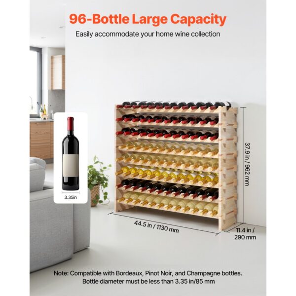 VEVOR stapelbares modulares Weinregal für 96 Flaschen, 8-stöckig, Flaschenregal mit 112 kg Gesamtbelastbarkeit – Bild 2