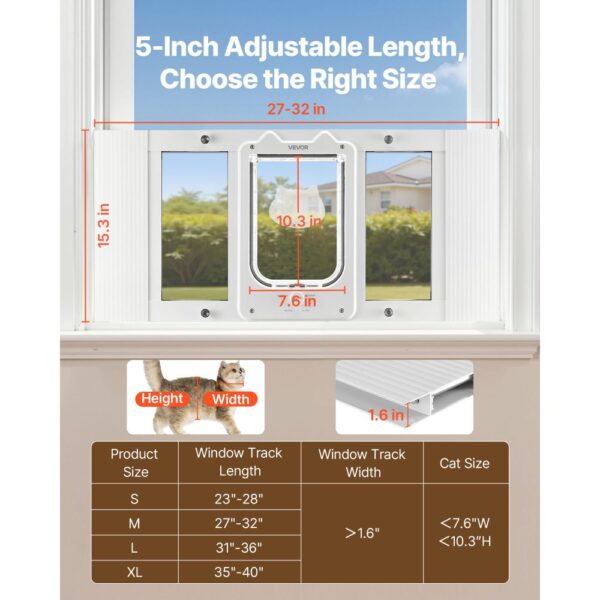 VEVOR Katzenklappe Katzentür Anpassbar an Fensterbreiten (686-813 mm), Weiß – Bild 2