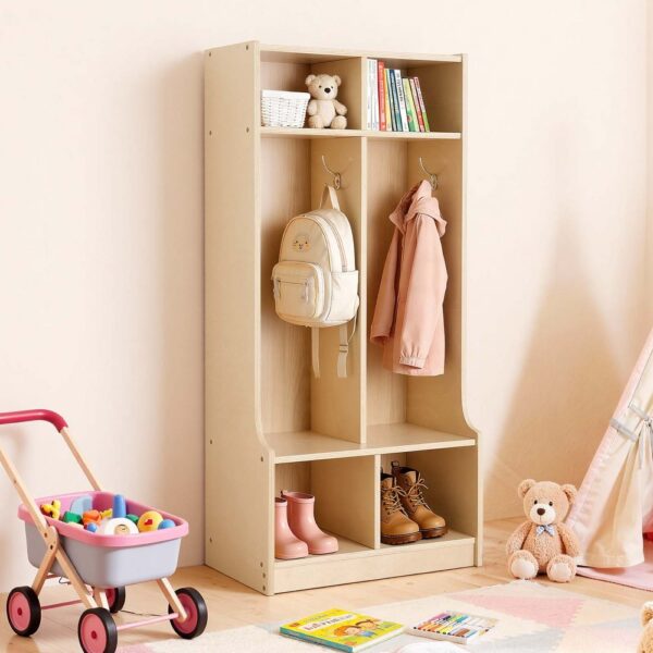 VEVOR Offener Kinderkleiderschrank aus Sperrholz, Kindergarderobe mit 4 Haken & 6 Fächern (2 Groß + 4 Klein) VEVOR Offener Kinderkleiderschrank aus Sperrholz, Kindergarderobe mit 4 Haken & 6 Fächern (2 Groß + 4 Klein)