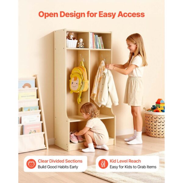 VEVOR Offener Kinderkleiderschrank aus Sperrholz, Kindergarderobe mit 4 Haken & 6 Fächern (2 Groß + 4 Klein) – Bild 3 VEVOR Offener Kinderkleiderschrank aus Sperrholz, Kindergarderobe mit 4 Haken & 6 Fächern (2 Groß + 4 Klein) – Bild 3
