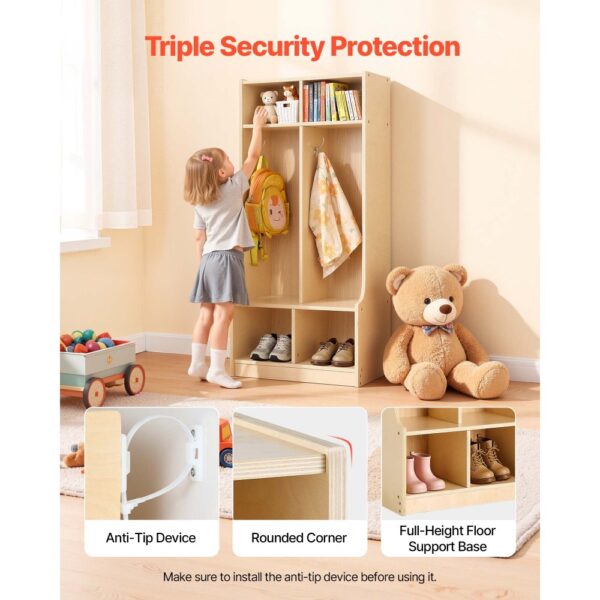 VEVOR Offener Kinderkleiderschrank aus Sperrholz, Kindergarderobe mit 4 Haken & 6 Fächern (2 Groß + 4 Klein) – Bild 5 VEVOR Offener Kinderkleiderschrank aus Sperrholz, Kindergarderobe mit 4 Haken & 6 Fächern (2 Groß + 4 Klein) – Bild 5
