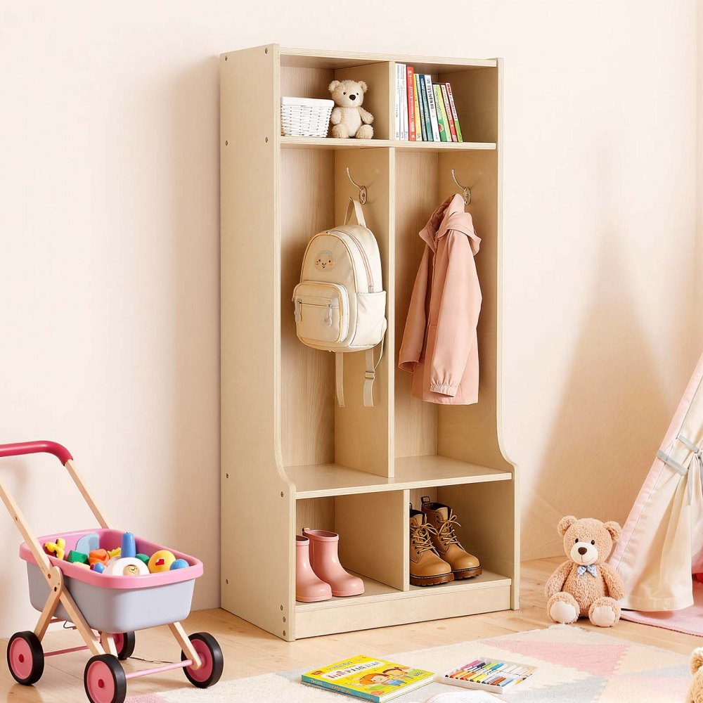 VEVOR Offener Kinderkleiderschrank aus Sperrholz, Kindergarderobe mit 4 Haken & 6 Fächern (2 Groß + 4 Klein)