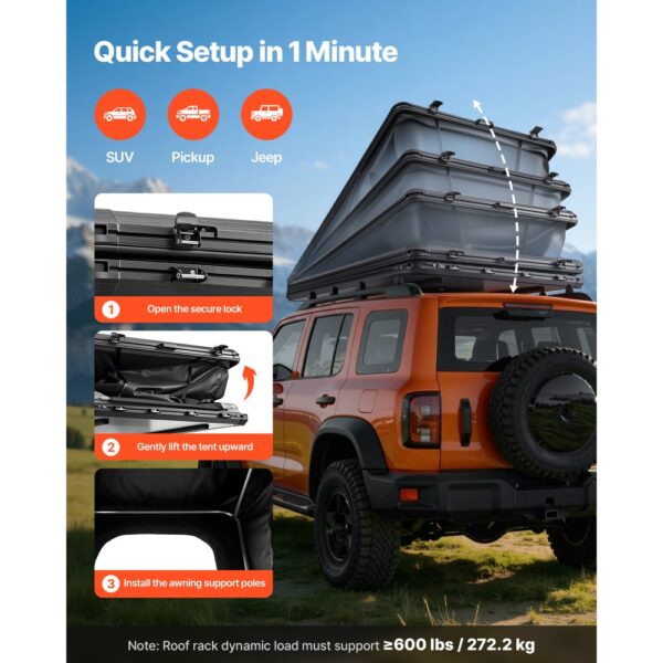 VEVOR Autodachzelt Hartschalen für 2-3 Personen, Wasserfest & Windicht, 256 x 222 x 152 cm (Aufgeklappt) – Bild 2