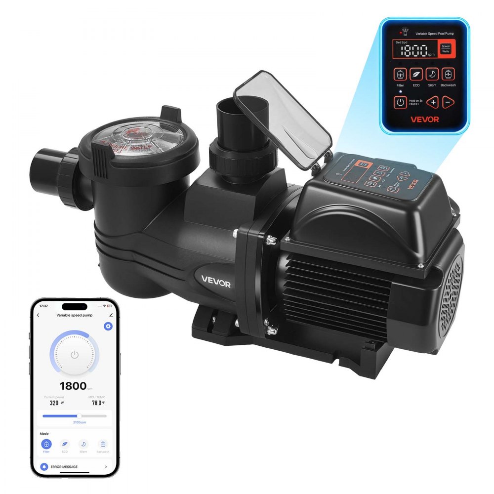 VEVOR Schwimmbadpumpe 30.000 L/h, mit Variabler Drehzahl, 1.350 W, 16 m Förderhöhe