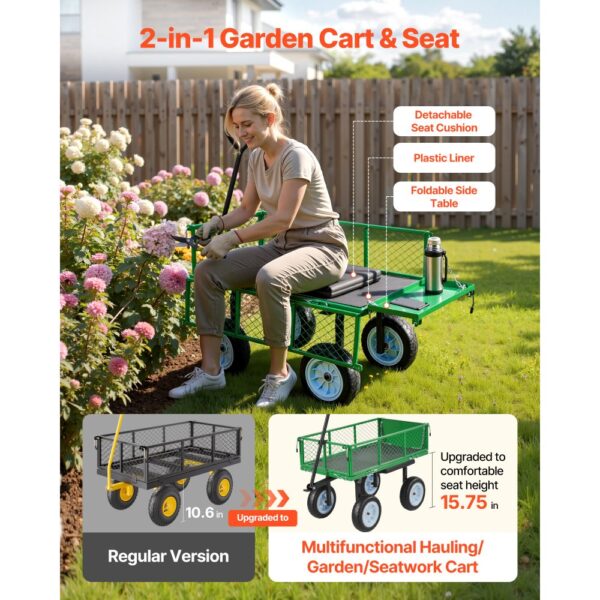 VEVOR Bollerwagen 226,8 kg Tragkraft, Gartenwagen mit Sitz & PU-Rädern, Gerätewagen für Rasen – Bild 3