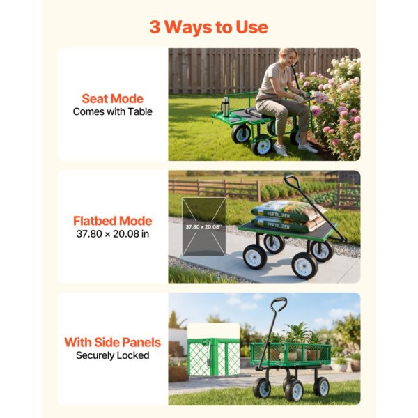 VEVOR Bollerwagen 226,8 kg Tragkraft, Gartenwagen mit Sitz & PU-Rädern, Gerätewagen für Rasen – Bild 5