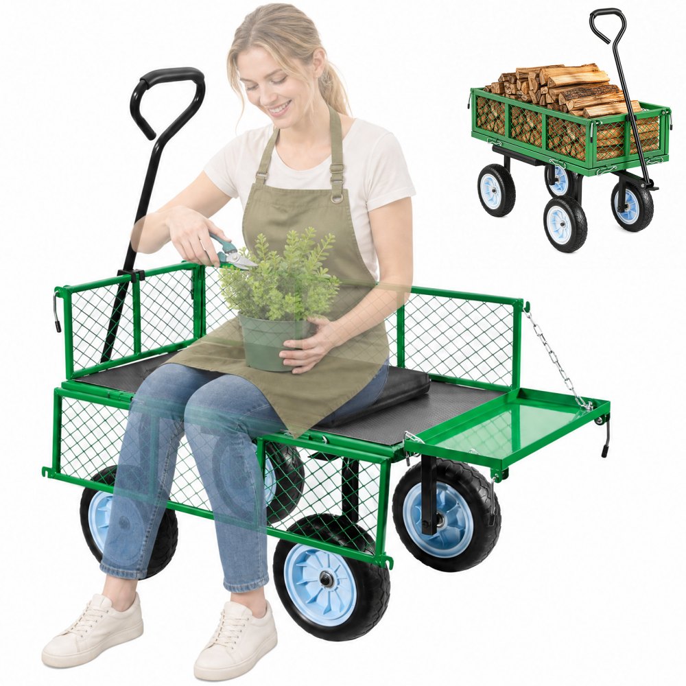 VEVOR Bollerwagen 226,8 kg Tragkraft, Gartenwagen mit Sitz & PU-Rädern, Gerätewagen für Rasen