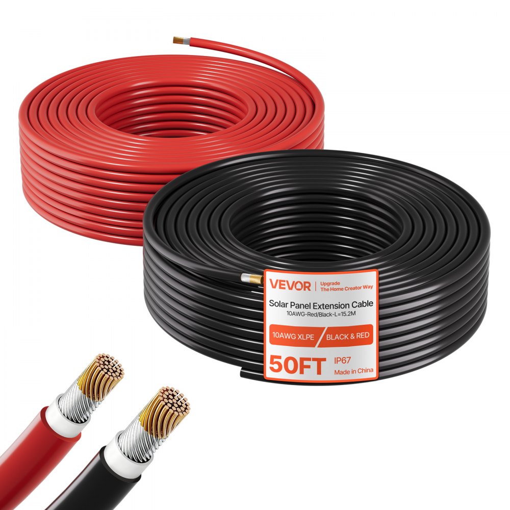 VEVOR Solarkabelverlängerung, 15,2 m Schwarz & 15,2 m Rot, 10 AWG Solarverlängerungskabel