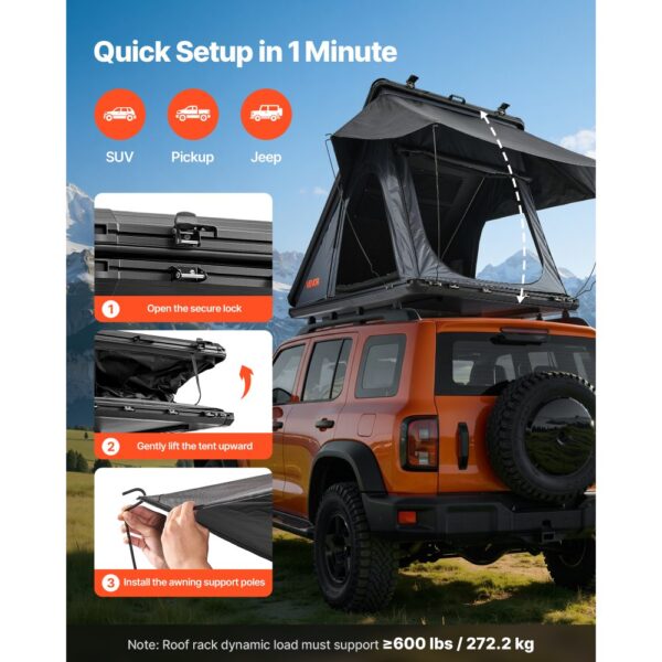 VEVOR Autodachzelt Hartschalen für 2-3 Personen, Wassefest & Windicht, 250 x 225 x 144 cm (Aufgeklappt) – Bild 2