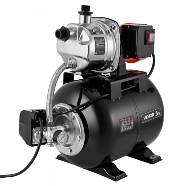 VEVOR Hauswasserwerk 1 PS 3750 L/h Flachbrunnenpumpe mit 1,4-2,8 bar Druckbehälter, 39 m Förderhöhe