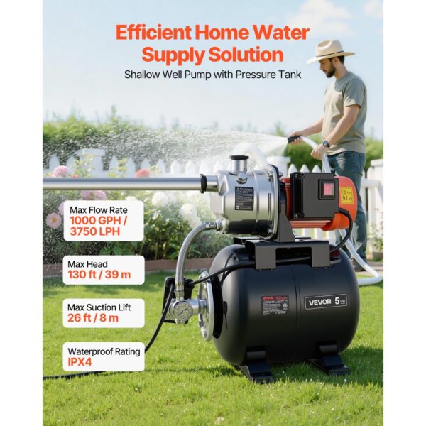 VEVOR Hauswasserwerk 1 PS 3750 L/h Flachbrunnenpumpe mit 1,4-2,8 bar Druckbehälter, 39 m Förderhöhe – Bild 2
