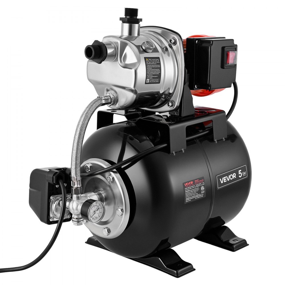 VEVOR Hauswasserwerk 1 PS 3750 L/h Flachbrunnenpumpe mit 1,4-2,8 bar Druckbehälter, 39 m Förderhöhe