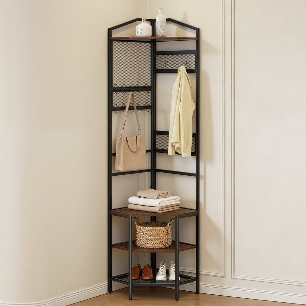 VEVOR Eckgarderobe (181 cm Hoch) mit Haken, Ablagefläche & Stahlrahmen, Garderobenständer mit Kippsicherung