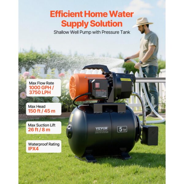VEVOR Hauswasserwerk 735 W, 3750 L/h Jetpumpe mit 19 L Druckbehälter, 45 m Förderhöhe – Bild 2