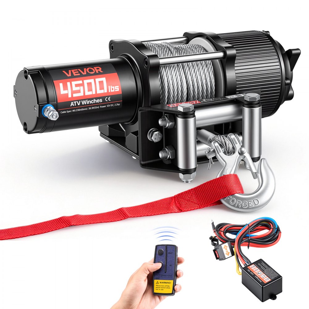 VEVOR Elektrische Seilwinde 2041 kg, 12V DC Motorwinde mit Φ5,8 mm x 12 m Stahlseil, IP55