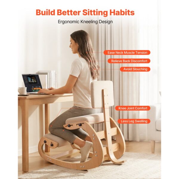 VEVOR Ergonomischer Kniestuhl mit Dicken, Integrierten Schaumstoffpolstern & Holzrahmen & Rückenlehne, Büro – Bild 2