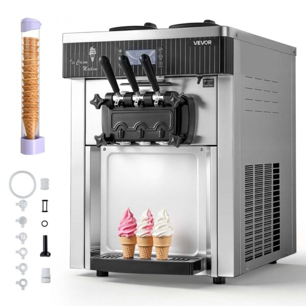 VEVOR Gewerbliche Eismaschine 20-28 L/h Leistung, Softeismaschine 2200 W mit 2 x Behältern (6 L), Vorkühlung