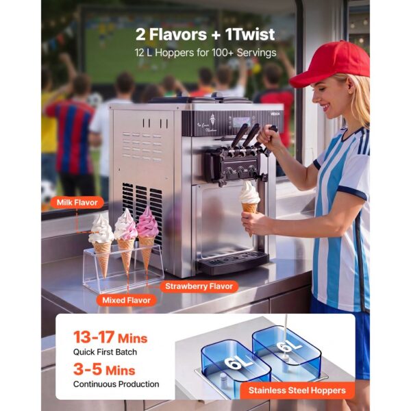 VEVOR Gewerbliche Eismaschine 20-28 L/h Leistung, Softeismaschine 2200 W mit 2 x Behältern (6 L), Vorkühlung – Bild 5