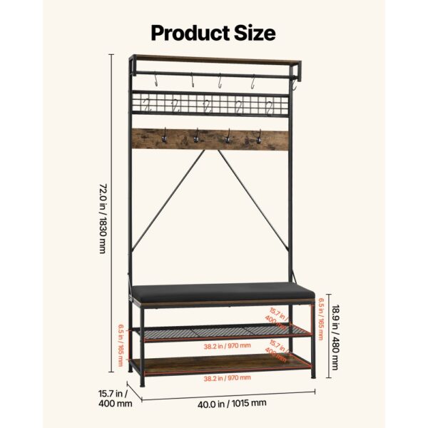 VEVOR Flurgarderobe 1015 x 400 x 1830 mm, Garderobenständer mit Schuhbank & Schuhablage (2 Ebenen) – Bild 5