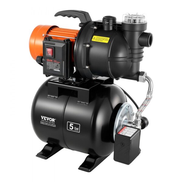 VEVOR Hauswasserwerk 735 W, 3785 L/h Jetpumpe mit 19 L Druckbehälter, 39 m Förderhöhe