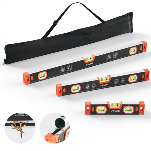 VEVOR 3 tlg. Wasserwaage Set, 225/400/600 mm Richtwaage mit 3 Libellen 90°/45°/0° & 0,5mm/m Genauigkeit