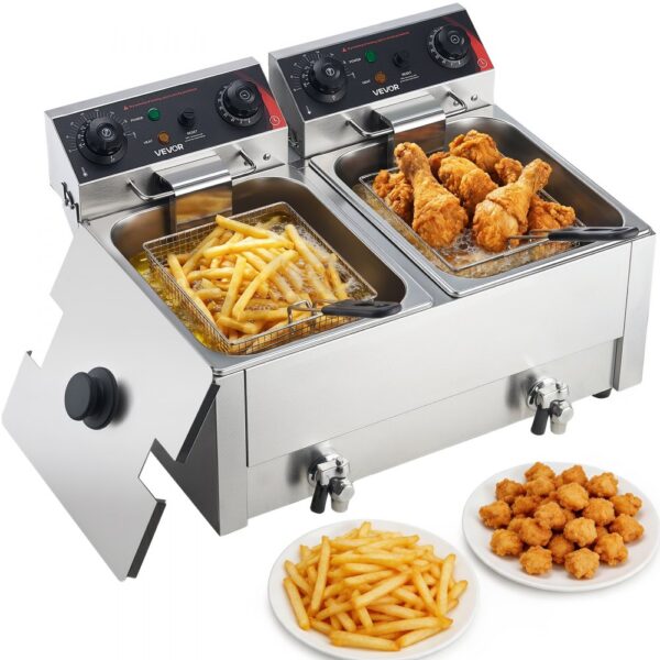 VEVOR Gewerbliche Elektrische 2-Becken-Fritteuse 14 L, 5000 W Edelstahl-Tischfritteuse mit Frittierkörben