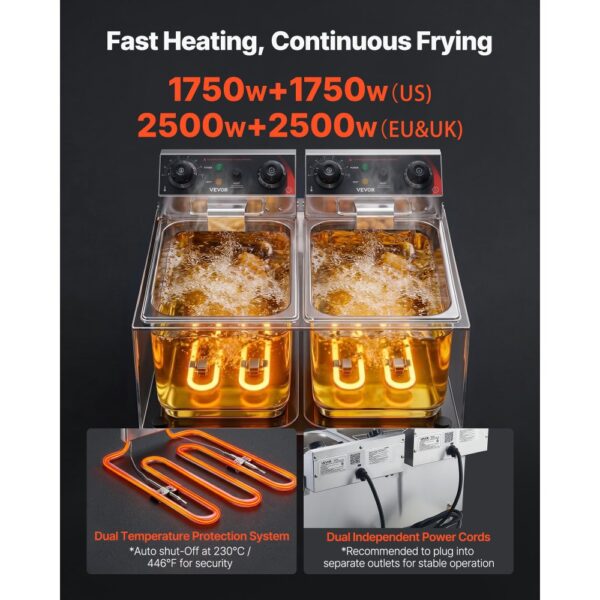 VEVOR Gewerbliche Elektrische 2-Becken-Fritteuse 14 L, 5000 W Edelstahl-Tischfritteuse mit Frittierkörben – Bild 4