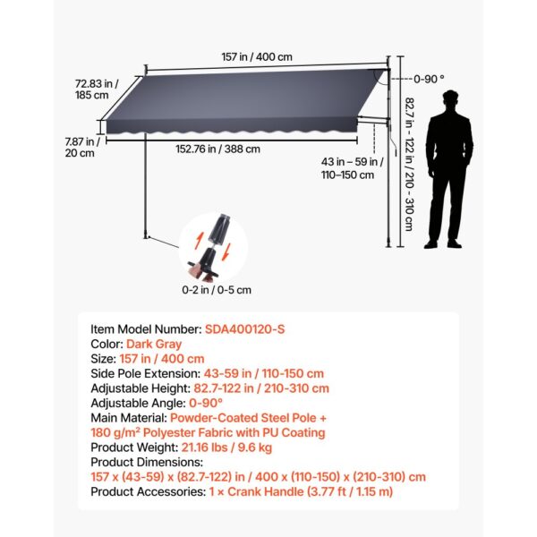 VEVOR Klemmmarkise 400 cm, Höhenverstellbare Markise mit Handkurbel, Terrassenmarkise UPF 80+ Sonnenschutz – Bild 2