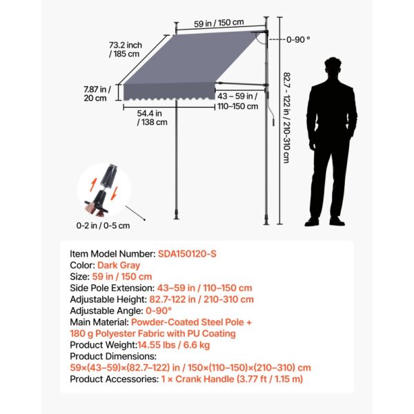 VEVOR Klemmmarkise 150 cm, Höhenverstellbare Markise mit Handkurbel, Terrassenmarkise UPF 80+ Sonnenschutz – Bild 2 VEVOR Klemmmarkise 150 cm, Höhenverstellbare Markise mit Handkurbel, Terrassenmarkise UPF 80+ Sonnenschutz – Bild 2