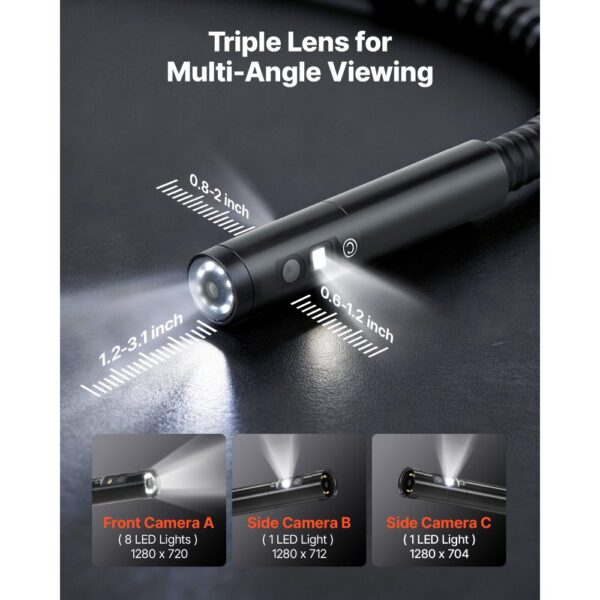 VEVOR Triple Lens Endoskopkamera mit 7 Zoll Bildschirm, Industrie Endoskop mit LED für Auto Rohre – Bild 3