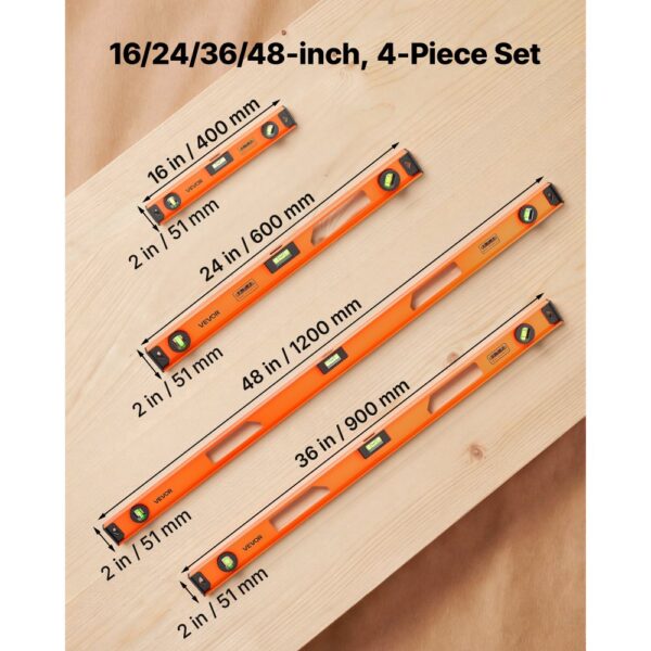 VEVOR 4 tlg. Wasserwaage Set, 40/60/90/120cm Richtwaage mit 3 Libellen 90°/45°/0° & 0,5mm/m Genauigkeit – Bild 2