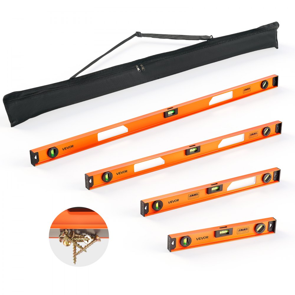 VEVOR 4 tlg. Wasserwaage Set, 40/60/90/120cm Richtwaage mit 3 Libellen 90°/45°/0° & 0,5mm/m Genauigkeit