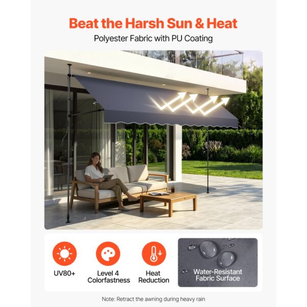 VEVOR Manuell einziehbare Markise, 350 cm (138 Zoll) lange, Terrasse und Balkon – Bild 3