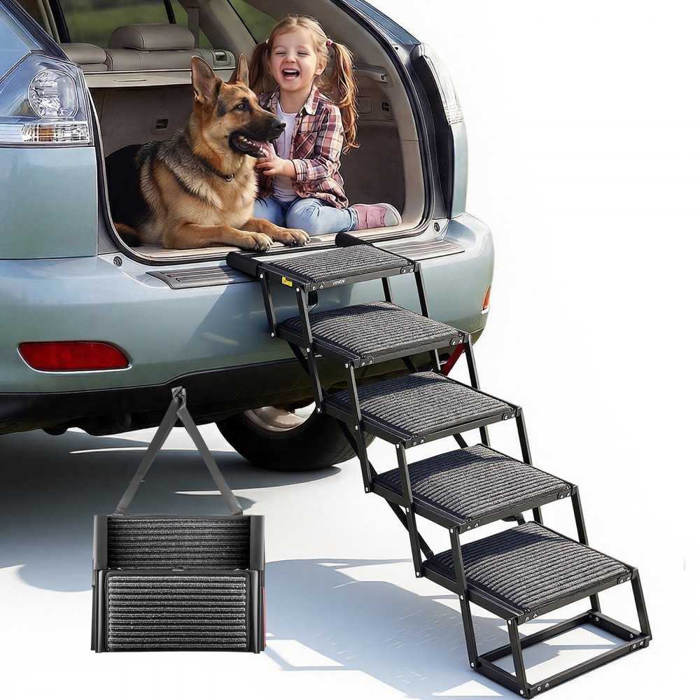 VEVOR Hundetreppe Auto Klappbar 5-Stufig, Tragbare Einstiegshilfe für Auto, Tragkraft bis 90 kg
