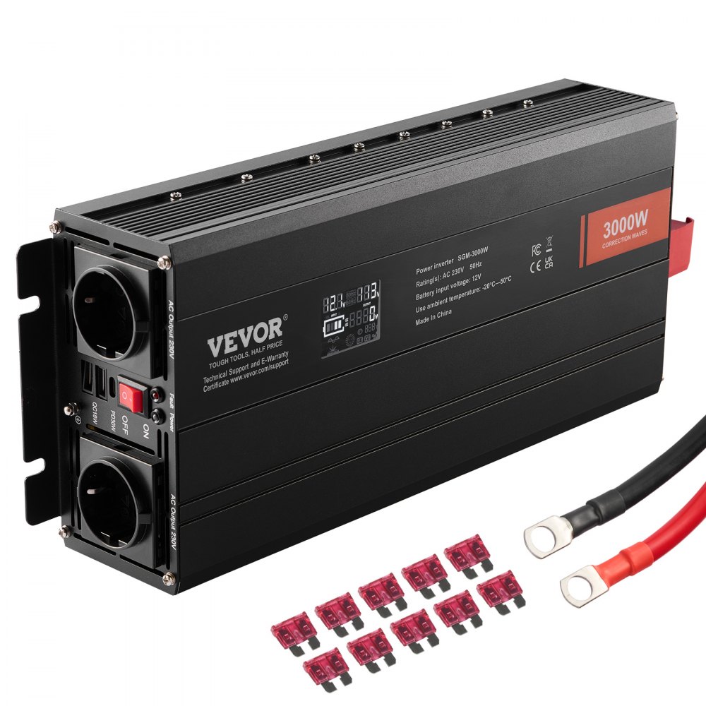 VEVOR Sinus-Wechselrichter 3000 W DC 12 V AC 230 V LCD-Display Wechselrichter mit 3 AC-Steckdosen