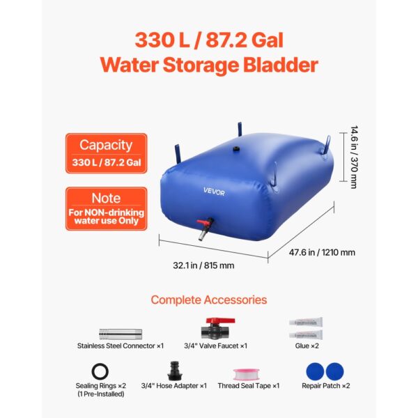 VEVOR Wasserspeicherblase, 330 L Wassersack mit Wasserhahn, Faltbarer & Tragbarer Wasserbeutel aus 1000D PVC – Bild 2