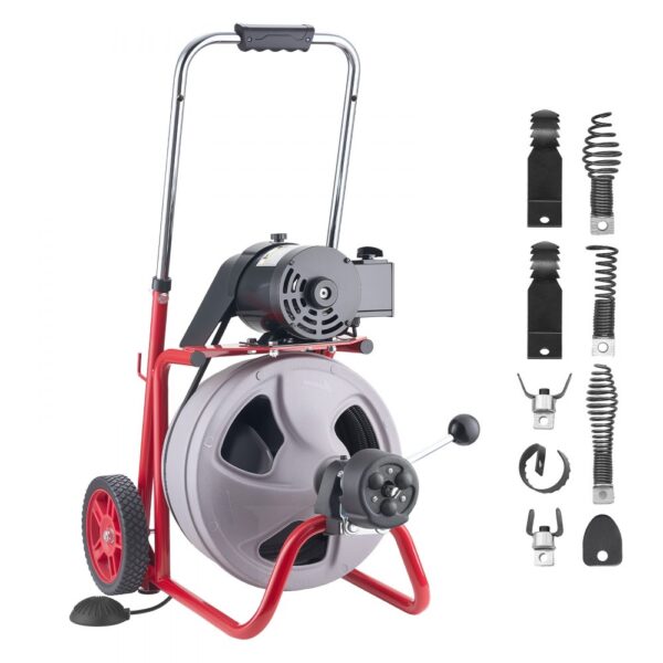 VEVOR Rohrreinigungsmaschine 22 m x 9,5 mm, 8 Schneidwerkzeugen & Pneumatischem Fußschalter