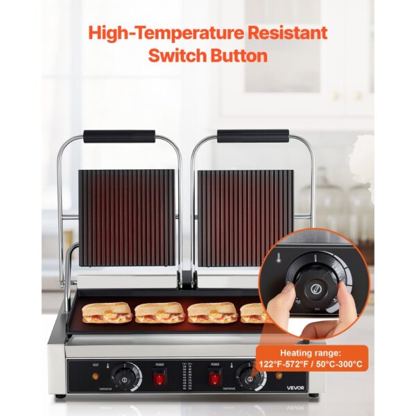 VEVOR kommerzieller Panini-Grill Kontaktgrill 3600 W für Sandwiches Steak Bacon Hamburger, Paninipresse – Bild 5