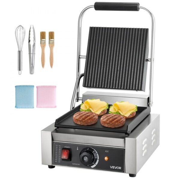 VEVOR Kommerzieller Kontaktgrill 1800 W Elektrogrill Sandwichmaker Panini Presse aus Edelstahl mit Griff