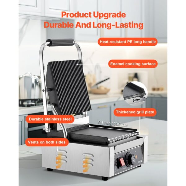 VEVOR Kommerzieller Kontaktgrill 1800 W Elektrogrill Sandwichmaker Panini Presse aus Edelstahl mit Griff – Bild 3