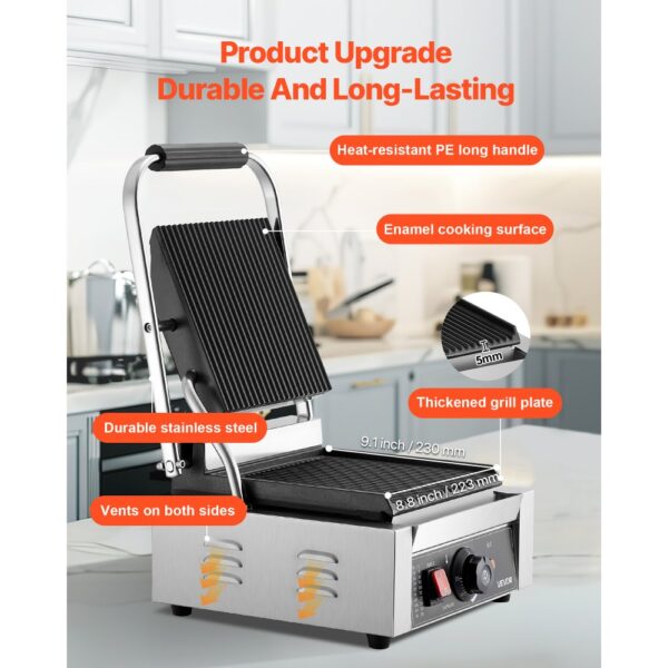 VEVOR kommerzieller Panini-Grill Kontaktgrill 1800 W für Sandwiches Steak Bacon Hamburger, Paninipresse – Bild 3
