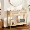 VEVOR Rattan-Konsolentisch mit 2 Schubladen, Rattan-Eingangstisch mit natürlicher Rattan-Schiebetür, Natur